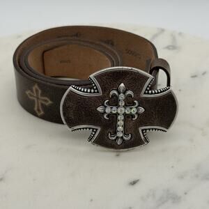 Justin Belt Co Brown Leather Cross Buckle Rhinestone Western Womens Belt Size 36